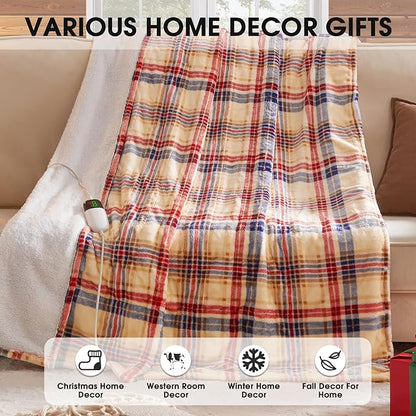 Heated Electric Blanket Full Size,72X84 Heating Blanket,Red Plaid Soft Sherpa Blankets Warmer Gift for Grandma Women Adult,Fast Heating Washable