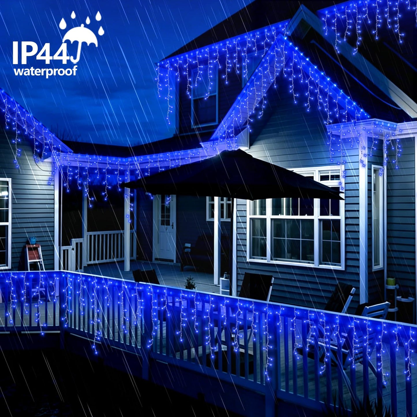 QITONG Blue Icicle Lights for Outside, 33ft 400 LED String Lights Plug in with 8 Modes, Clear Wire Connectable Icicle Christmas Light Indoor