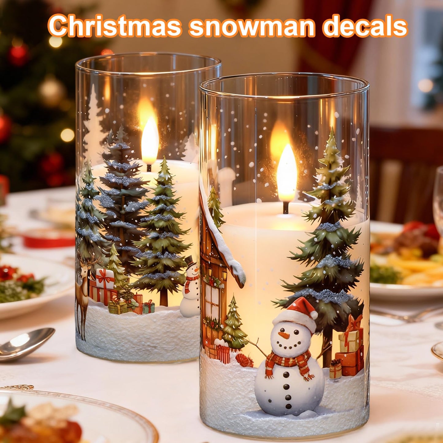 KunSween Christmas Candles with Remote Timer, Set of 2 LED Glass Flameless Candles Battery Operated with Cedar, Snowman, Reindeer, Snowy House Decals for Holiday Winter Party Home Decor(D6” x H3”)