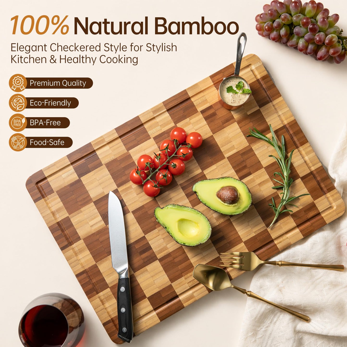 Bamboo Cutting Boards for Kitchen, End Grain Wood Cutting Board with Juice Grooves & Handles, Charcuterie Checkered Chopping Board Thick Butcher Block Serving Tray with Gift Box, 16.5"×11.6"× 1"