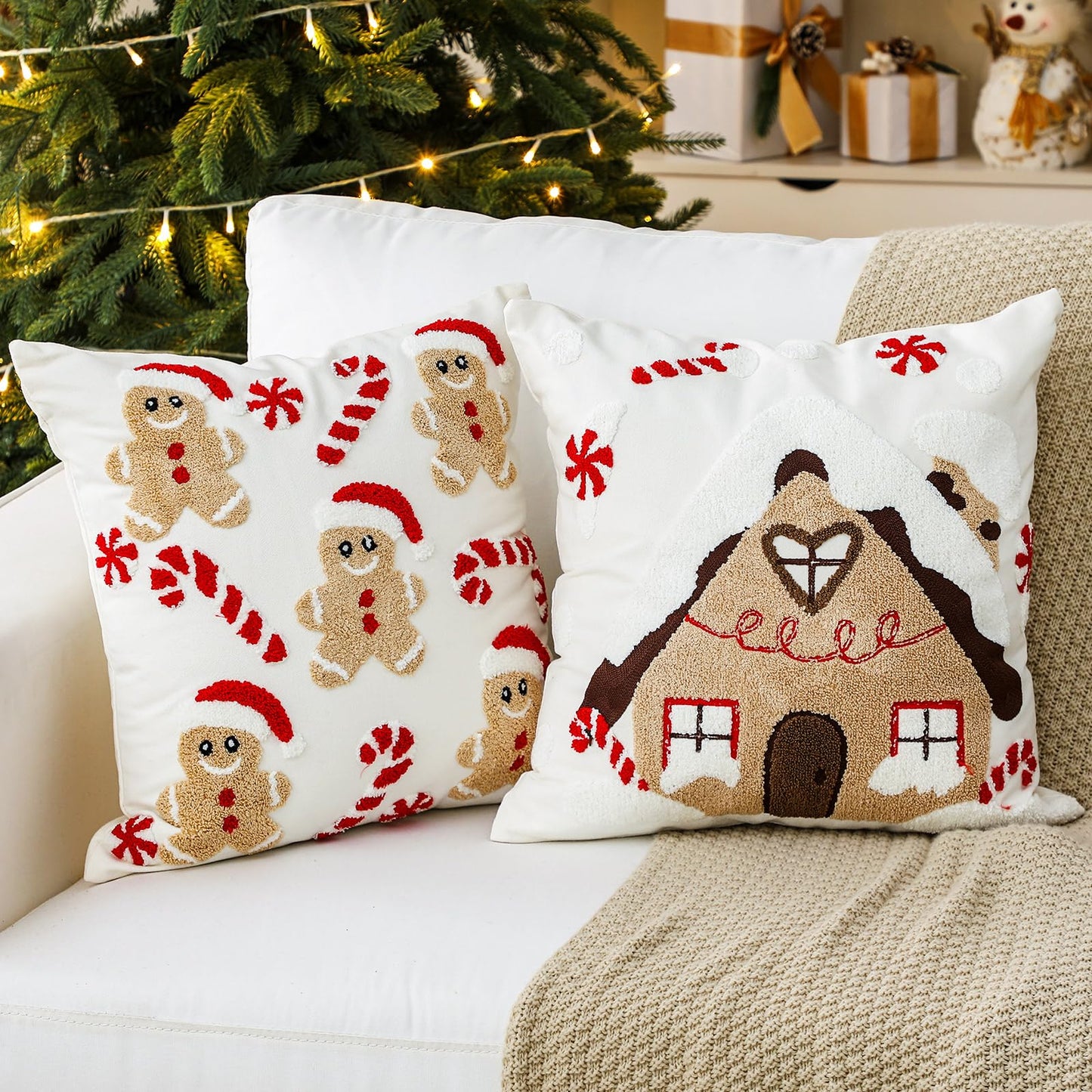 Breling 2 Pack Christmas Pillow Covers 18 x 18 Inch 3D Embroidered Gingerbread Man Throw Pillow Cover Christmas Gingerbread House Tufted Cushion Case Decorative Holiday Decor for Home Couch Bed Sofa