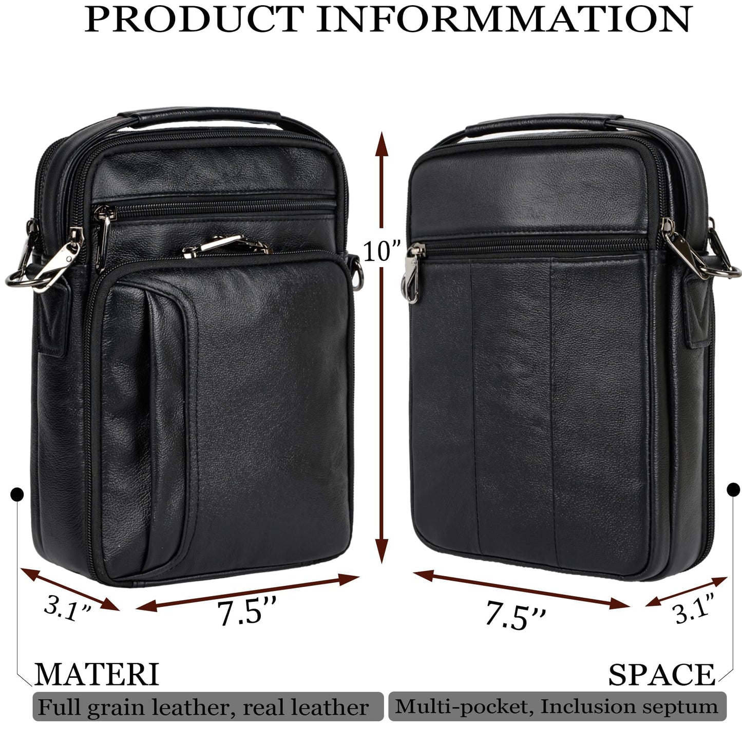 Ariscobull - Leather Small Messenger for Men - Women Shoulder Chest Travel Bag - Crossbody Bag (Black)