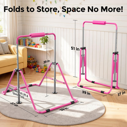 Sportsroyals Gymnastics Bar for Kids,Adjustable Height Gymnastic Horizontal Bars,Folding Gymnastic Junior Training Kip Bar for Home, Pink (Pink)