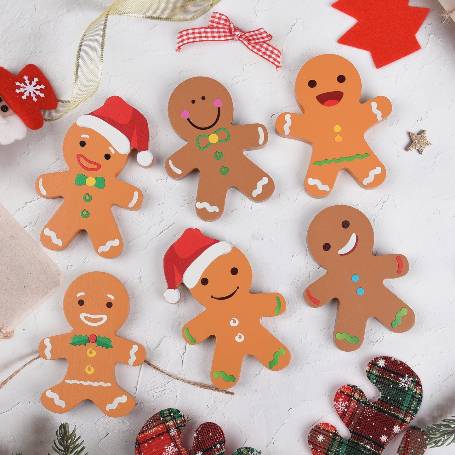 AllReal 6 Pcs Gingerbread Christmas Decorations Xmas Gingerbread Man Wooden Signs Farmhouse Decorative Winter Tabletop for Tiered Tray Holiday Party House Decor