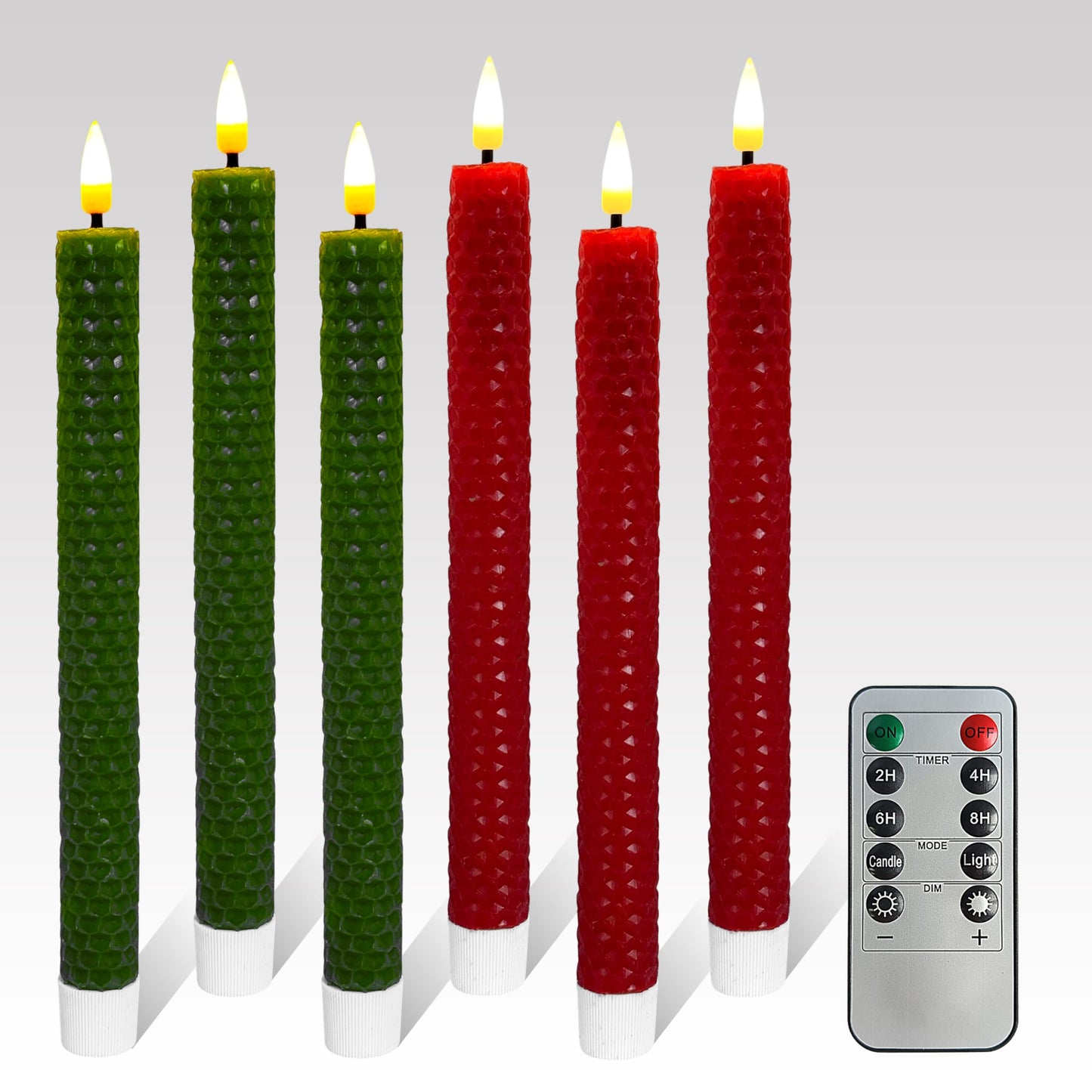 FCMSHAMD Christmas Red&Green Honeycomb Flameless Taper Candles, 9.5 Inch Flickering Candles with Remote and Timer, Real Beeswax Battery Operated Led Candle for Christmas Party Home Decoration, 6PCS