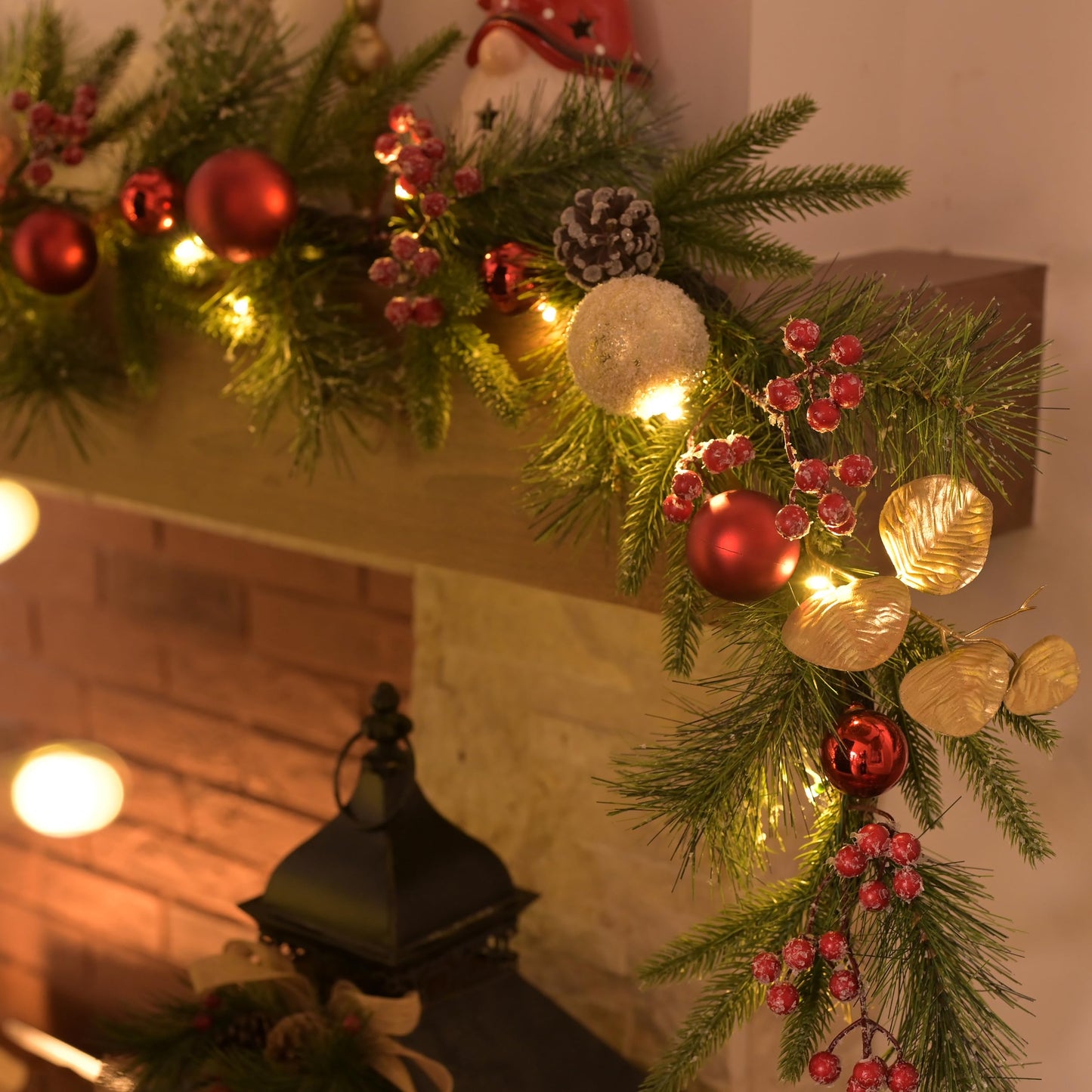 Valery Madelyn 6 Ft Pre-Lit Christmas Garland with Lights for Mantle, Lighted Outdoor Xmas Garland with Red Gold Balls Norfolk Pine for Home Stairs Fireplace Table Centerpiece Indoor Holiday Decor