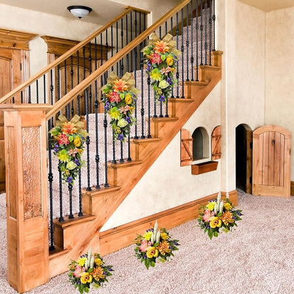Spring Summer Floral Teardrop Swags Lighted Mixed Flower Teardrop Wreath with Dahlia Pinnata Peonies Rose Burlap Bow and Eucalyptus Leaves Floral Arrangement for Door Wall Mantel Window
