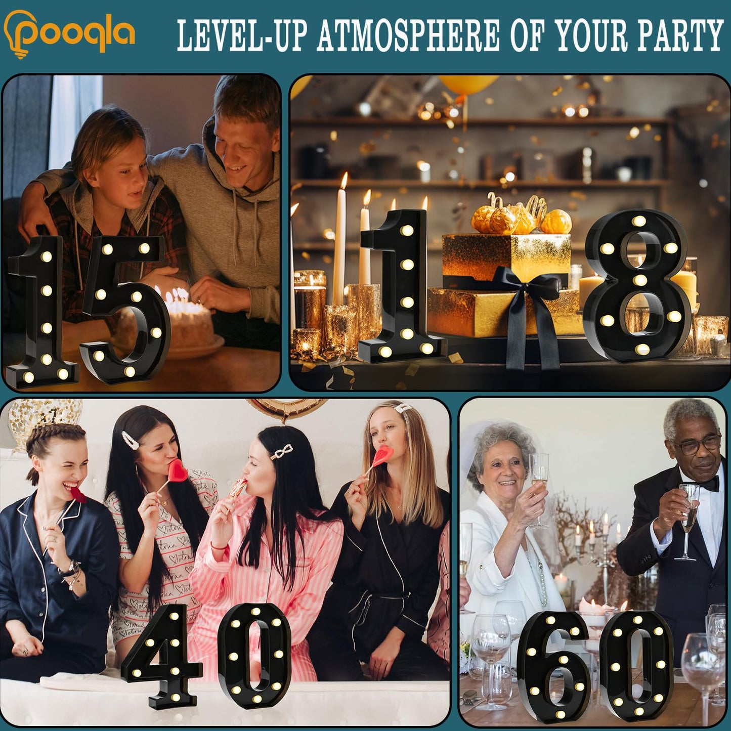 Pooqla Decorative Led Light Up Number Letters, Black Plastic Marquee Number Lights Sign for 60th Birthday Party Wedding Decor Battery Operated Black Decoration 60
