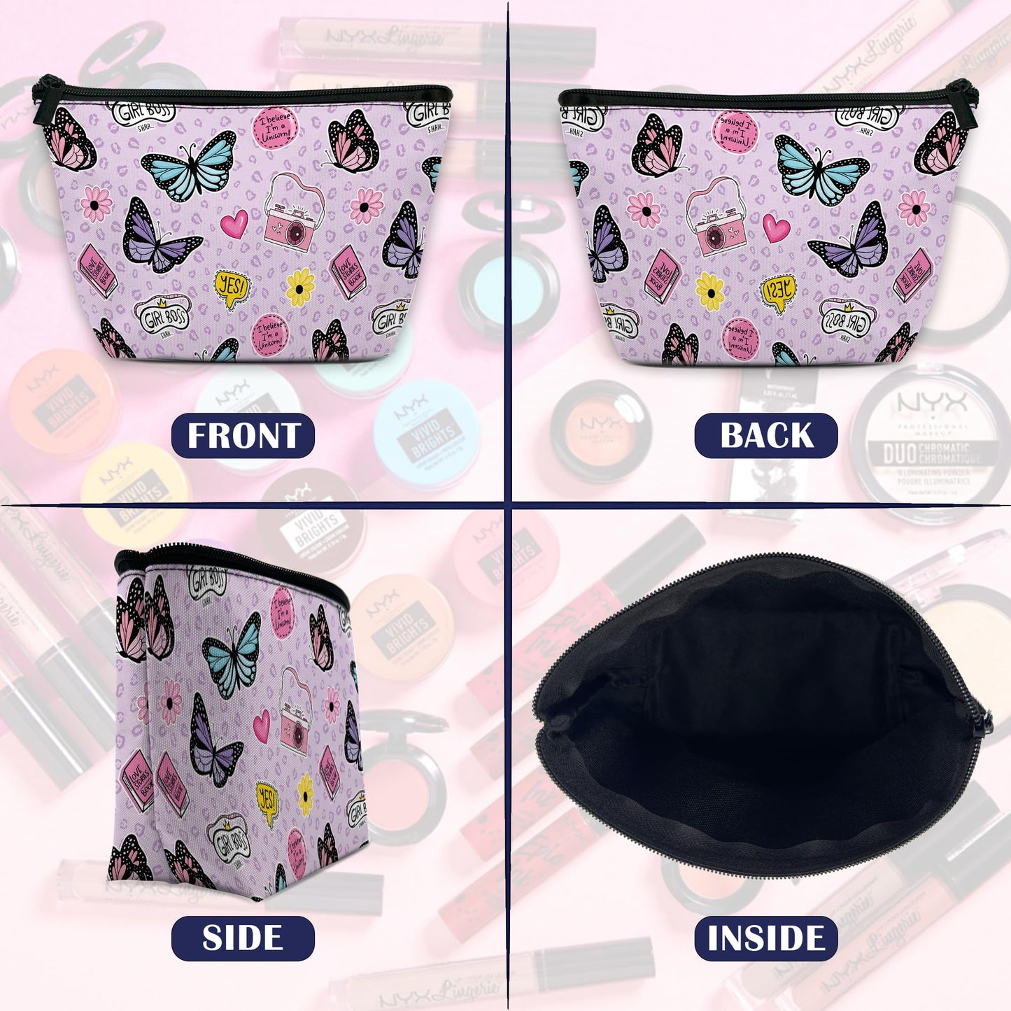 DEMACYA Makeup Bag for Purse, Waterproof Funny Cute Cartoon Butterflies Cosmetic Bag for Women, Zipper Travel Toiletry Pouch Gift 9.5×5.9 Inch
