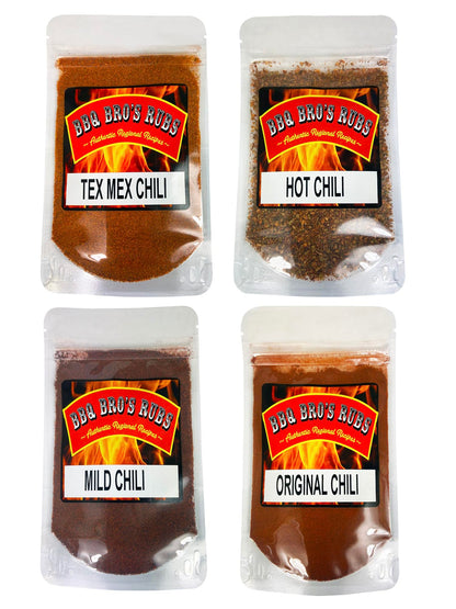 Chili Seasoning Mix by BBQ BROS (Original, Mild, Hot & Tex Mex) - Award Winning Chili's - 4 Variety Flavor Chili Kit - Taco Seasoning - Vegan & Vegetarian Friendly - Kosher- NO MSG, Gluten Free & No Artificial Preservatives