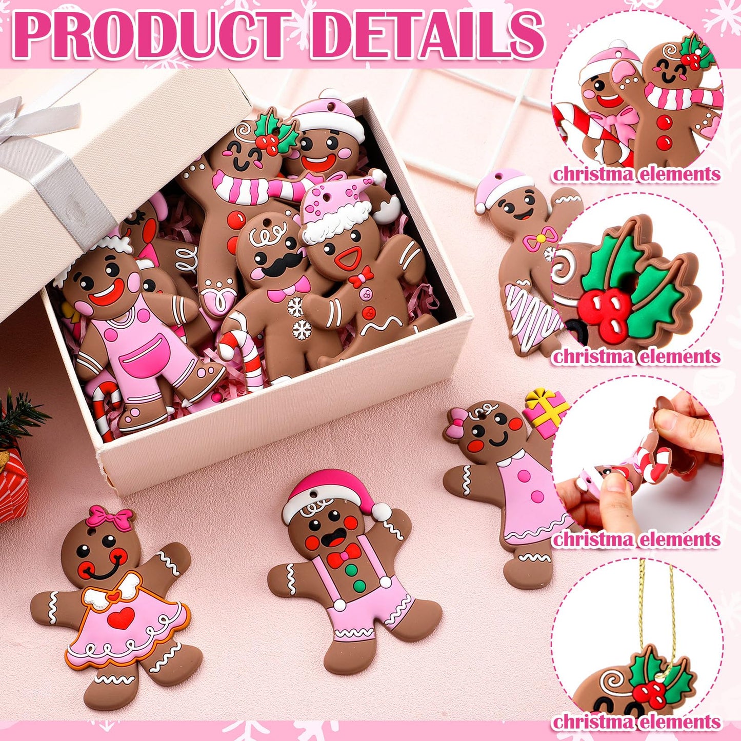Lunmon 36 Pcs Gingerbread Christmas Ornaments PVC Pastel Pink Gingerbread Man Ornaments Candy Cane Tree Decorations Cute Xmas Hanging Cutout Christmas Decorations for Tree Home Indoor Party (Girly)
