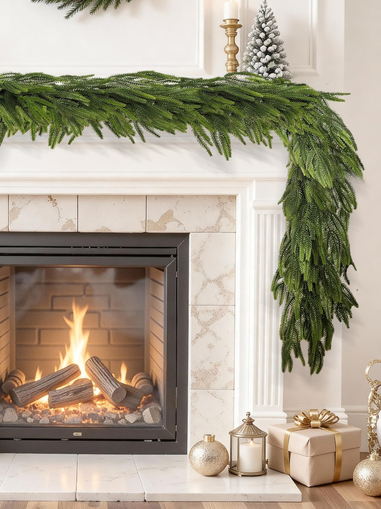 12FTx1 Extra Full Christmas Garland Real Touch Norfolk Pine Garland Faux Greenery Garlands Christmas Decorations Norfolk Pine Garlands for Stairs, Railing,Table Holiday Seasonal Indoor Mantle Decor