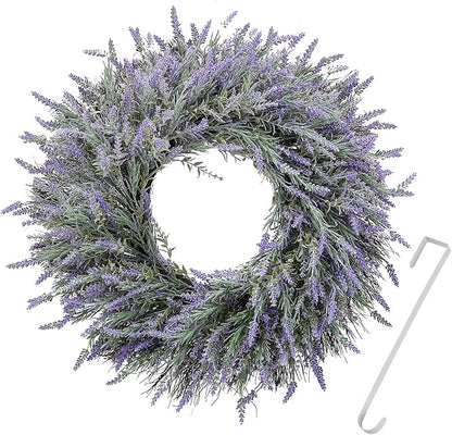 24" Wreath, Spring Wreaths, Artificial Lavender Wreath for Front Door, with Welcome Sign Wreath Hanger, for Spring, Summer, Autumn and Winter, Indoors,Outdoors, corridors, Offices. (Purple)