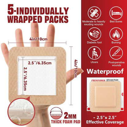 Silicone Foam Dressing with Adhesive Border - Waterproof Wound Care Bandages | Pack of 5, 4 x 4 Inches