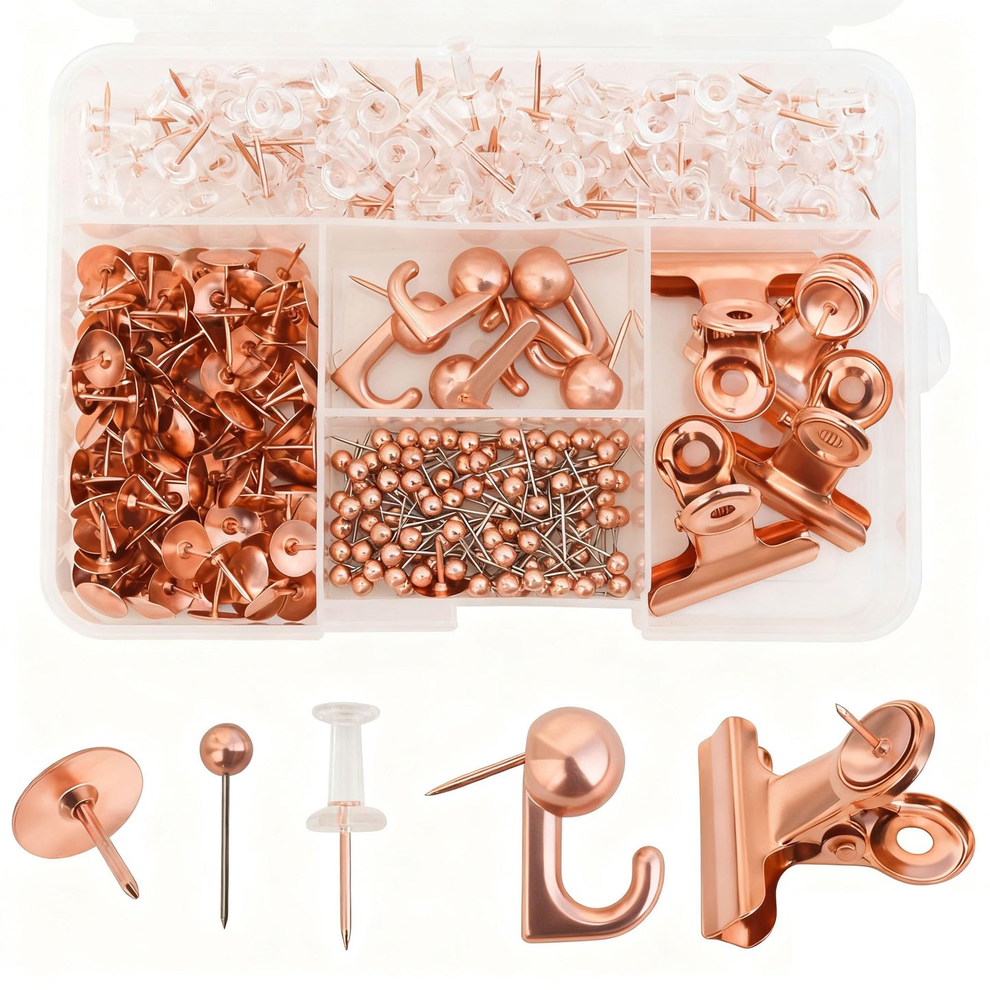 310 Piece Rose Gold Push Pin Set with 5 Styles - Decorative Thumb Tacks, Map Tacks, Clips & Hooks for Bulletin Boards, Office & Home Organization - Durable Plastic Storage Box Included（Rose Gold）