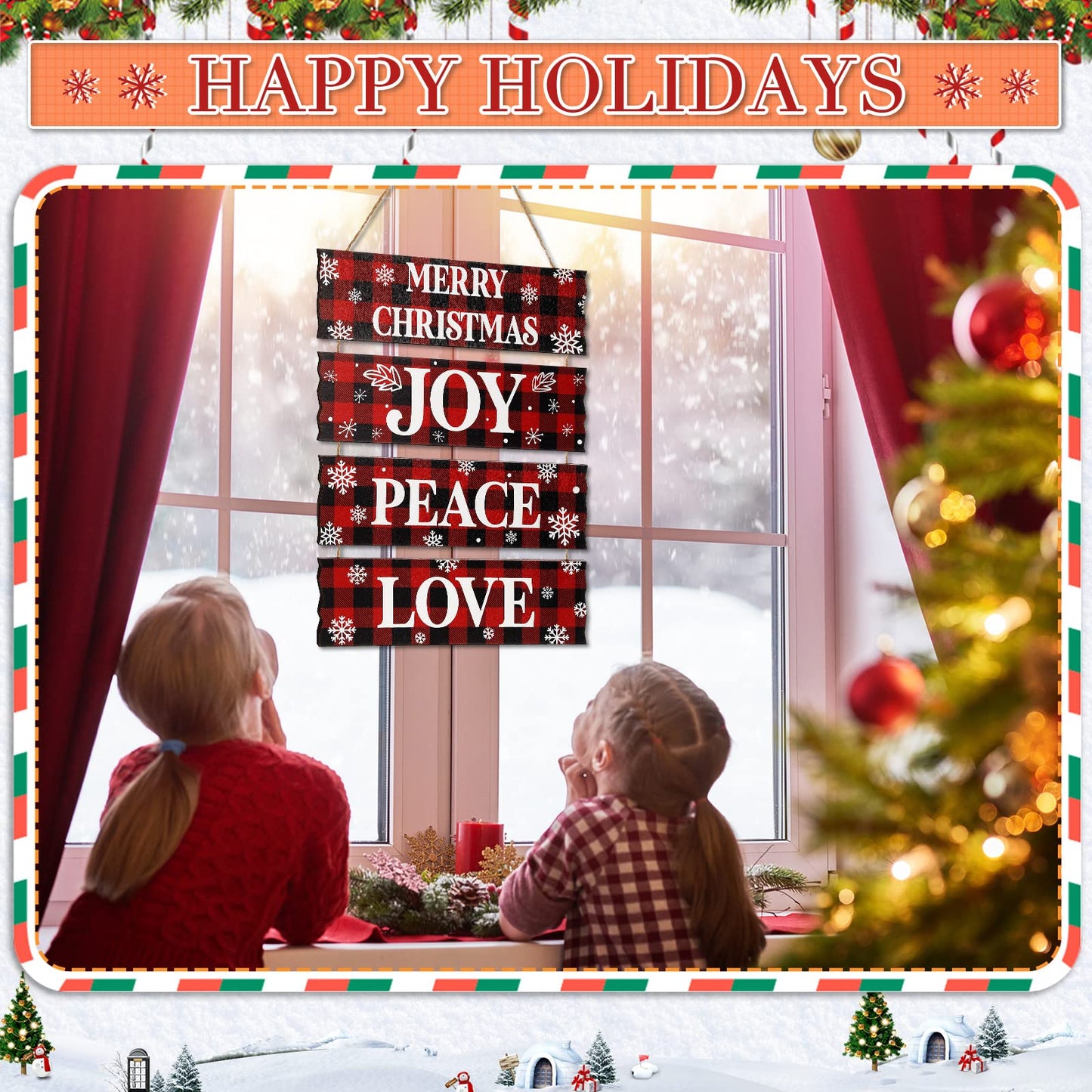 Geelin 4 Pcs Christmas Wood Hanging Signs - Merry Christmas, Joy, Peace, Love - Wooden Square Sign Decoration for Home Indoor Outdoor(Plaid Style)