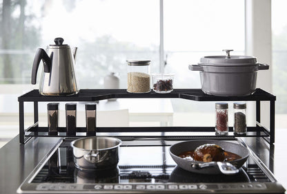 Yamazaki 5269 Stove Back Rack with Exhaust Outlet Cover, for 23.6 inches (60 cm) Stove, Black, Approx. 27.6 x 7.1 x 5.9 inches (70 x 18 x 15 cm), Tower Sliding Type, Exhaust Outlet Cover with Shelf
