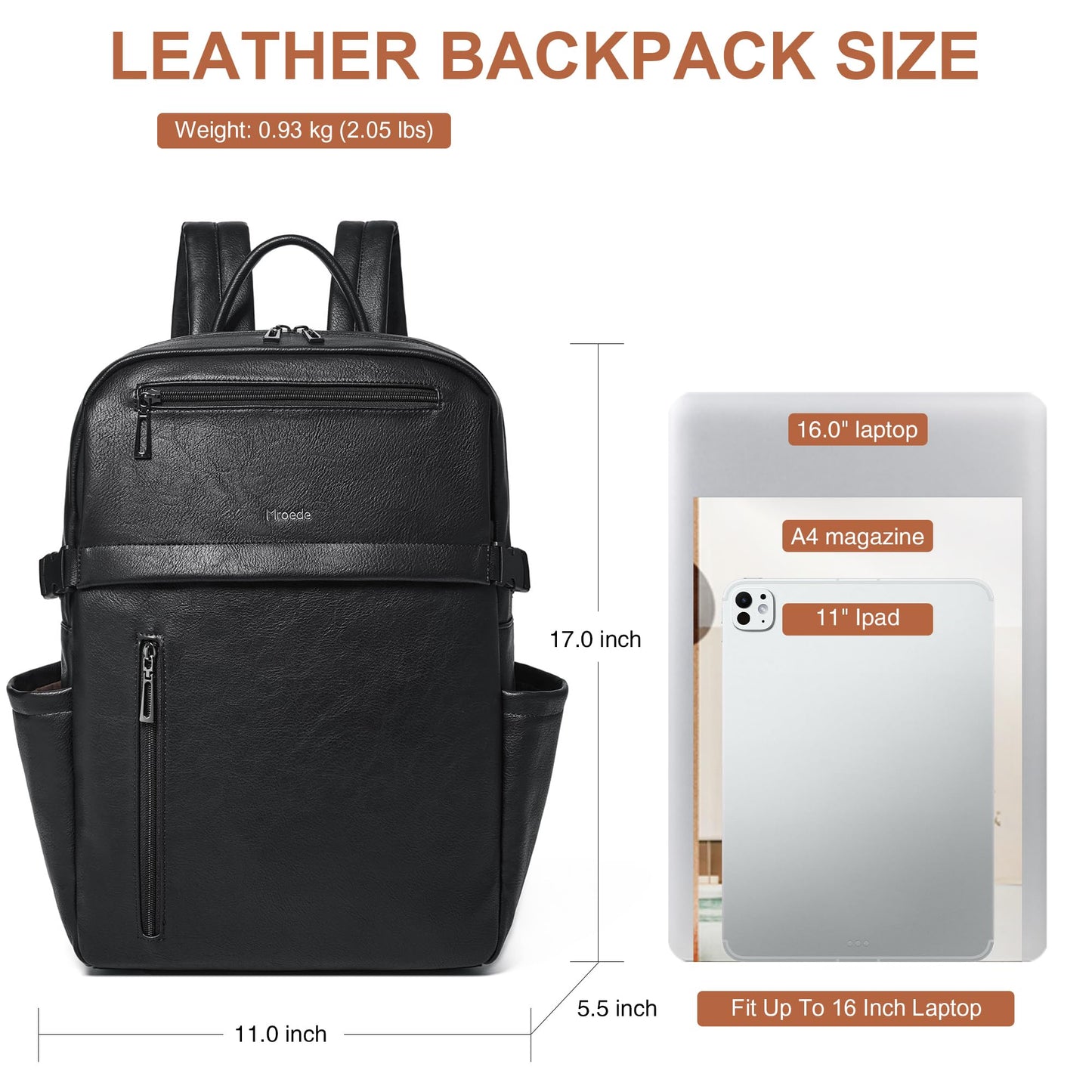 Mroede Leather Laptop Backpack for Women, 15.6 Inch Laptop Travel Backpack Purse Large Capacity Computer Bag, Casual Daypack Nurse Bag College Bookbag for School, Black