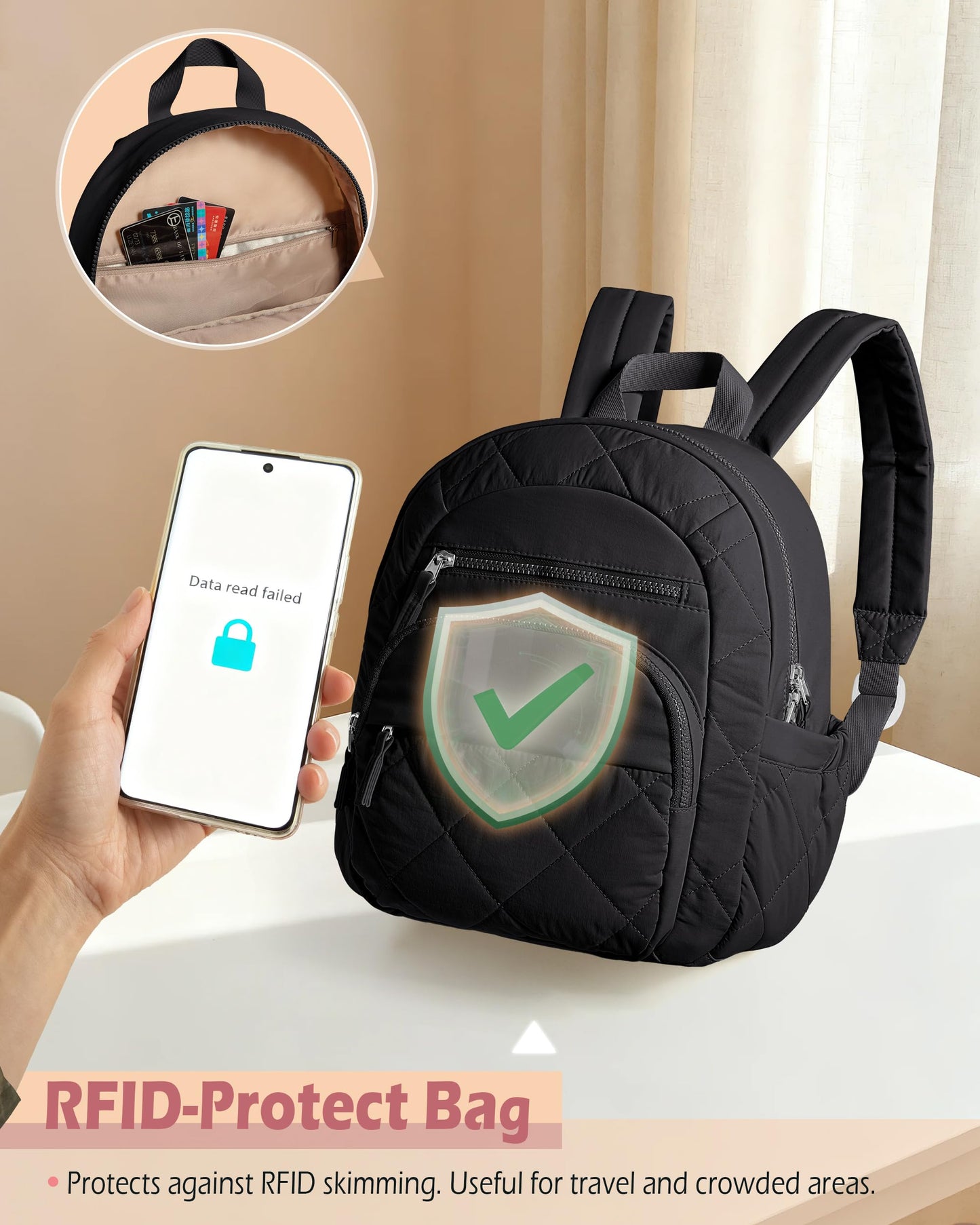 Smasrob Women Mini Backpack with RFID Blocking Pocket, Small Puffer Backpack Purse, Lightweight Quilted Backpack for Work, College or Travel, Camel