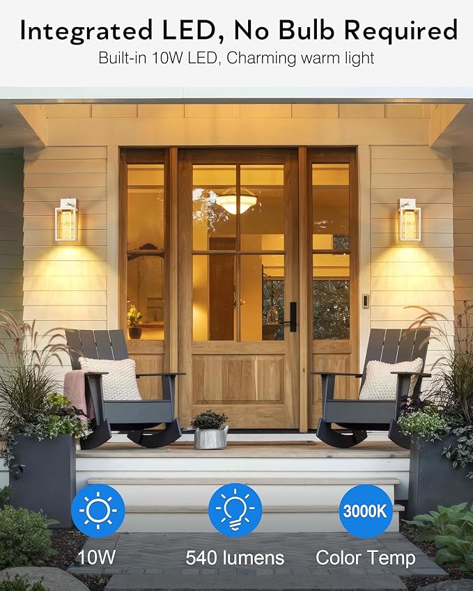 VIANIS White Outdoor Garage Lights Wall Mount, 2 Pack Dusk to Dawn Outdoor Coach Lights for House with Integrated 10W LED Light Source Crystal Bubble Glass, Modern Exterior Porch Light Wall Sconce