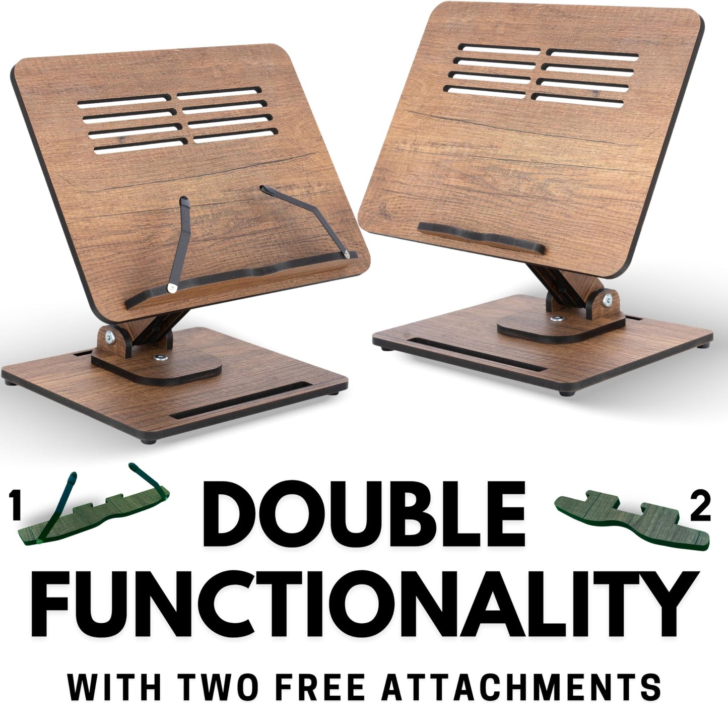 Vigo Wood Book Stand for Reading 360° Adjustable, Wooden Laptop Stand, Cookbooks Holder, Music Scores, Featuring Multi-Height Angles and Foldable Design with Page Clips.