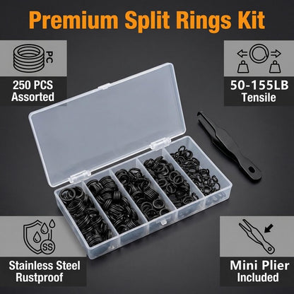 Milepetus Fishing Split Rings Kit: 250pcs Heavy Duty Steel Fishing Lure Making Ring Fishing Hook Connector Tackle(Black Split Mini Plier Set)