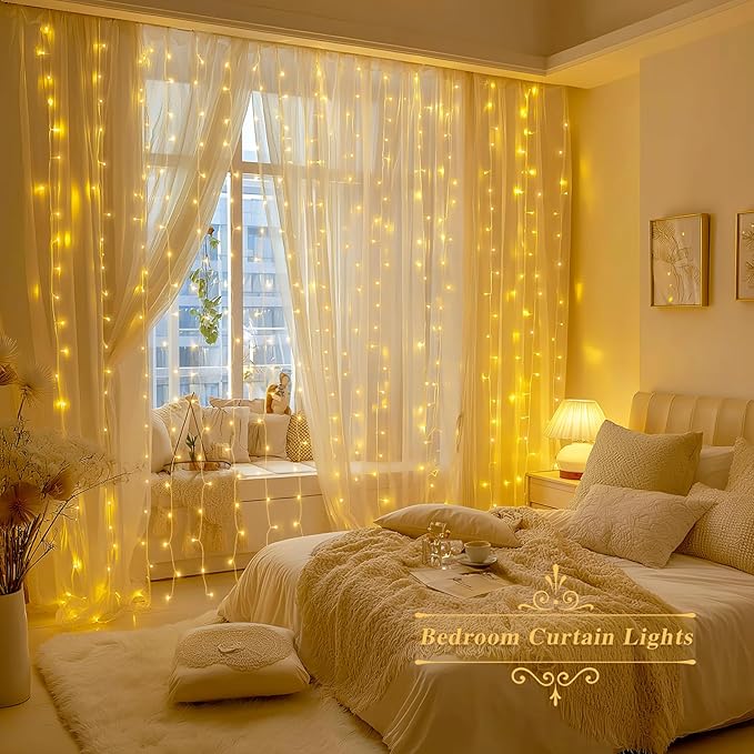 JMEXSUSS 200 LED Curtain Lights Battery Operated & USB Plug in, 8 Modes Warm White Christmas Curtain String Lights for Backdrop Bedroom Classroom Wedding Party Decorations