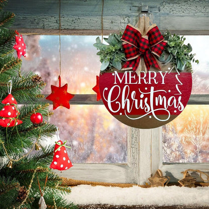 Merry Christmas Hanging Sign for Front Door, Wooden Welcome Wreath with Bow for Holiday Rustic Farmhouse Outdoor Wall Window Decor (Merry Christmas Wreath)