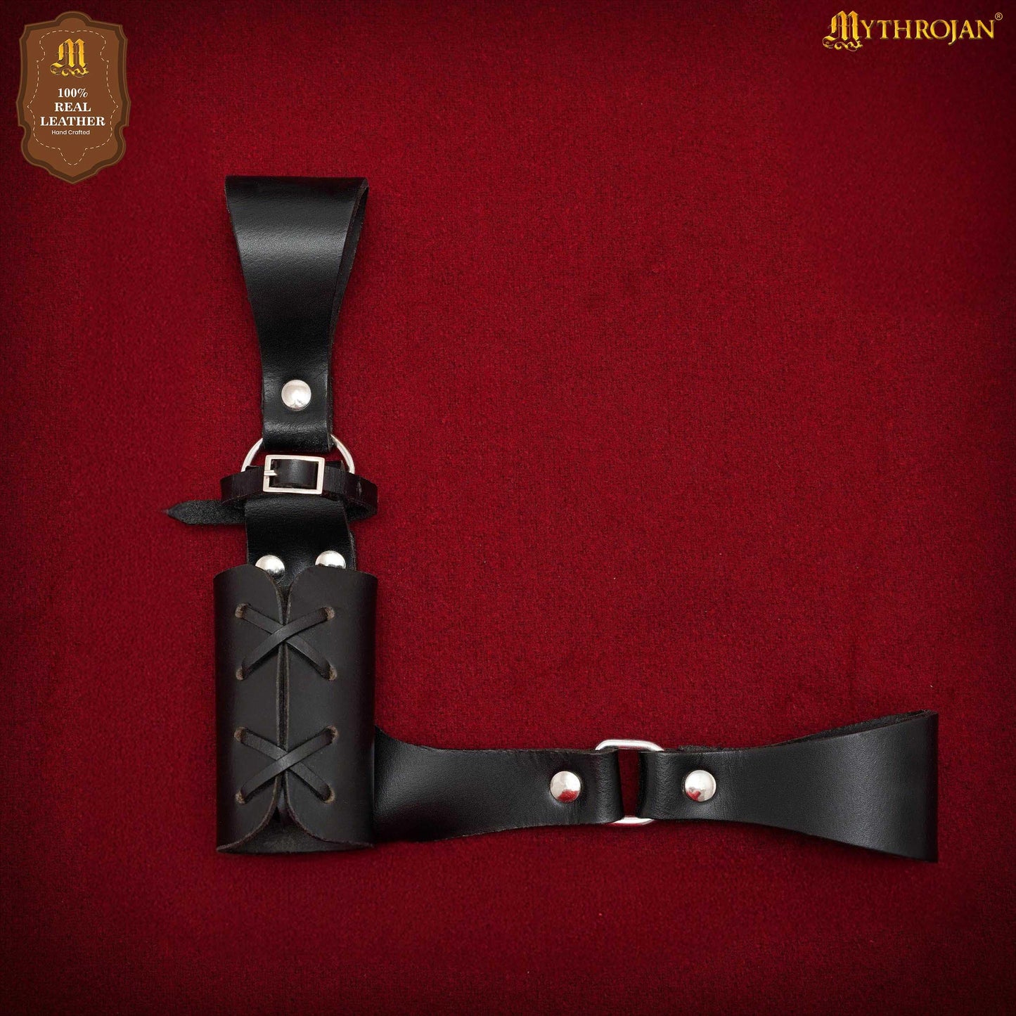Mythrojan Medieval Sword Frog Adventurer with Leather Holder for Universal Rapier, Broadsword, Cutlass, Belt Mount Scabbard Hanger for LARP, Reenactment & Costume, Black - 8" x 8"