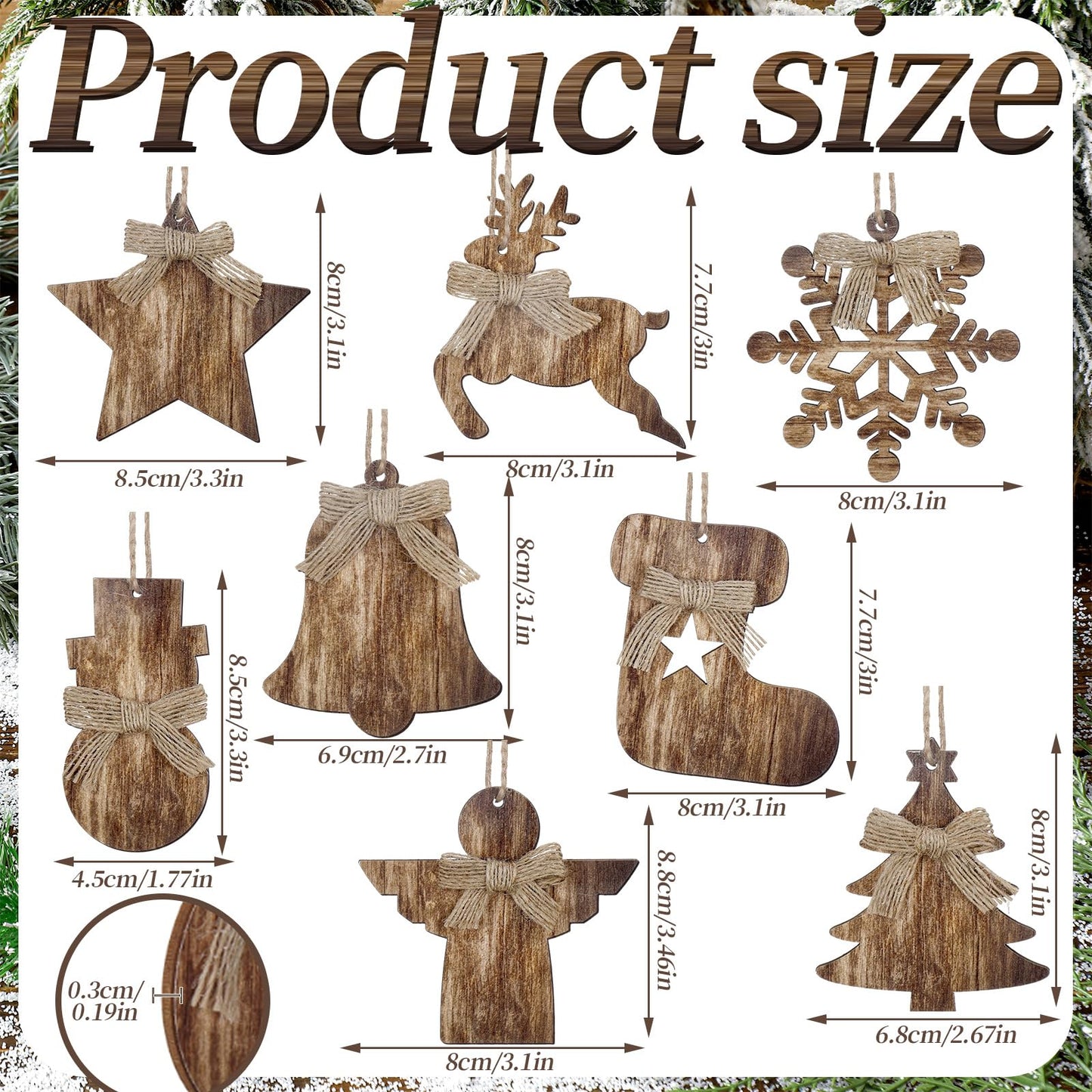 Lineshading 8 Pcs Rustic Christmas Tree Ornaments Wooden Farmhouse Ornaments Angle Snowflake Reindeer Tree Hanging Decor for Fireplace Xmas Home Office (Cute Style)
