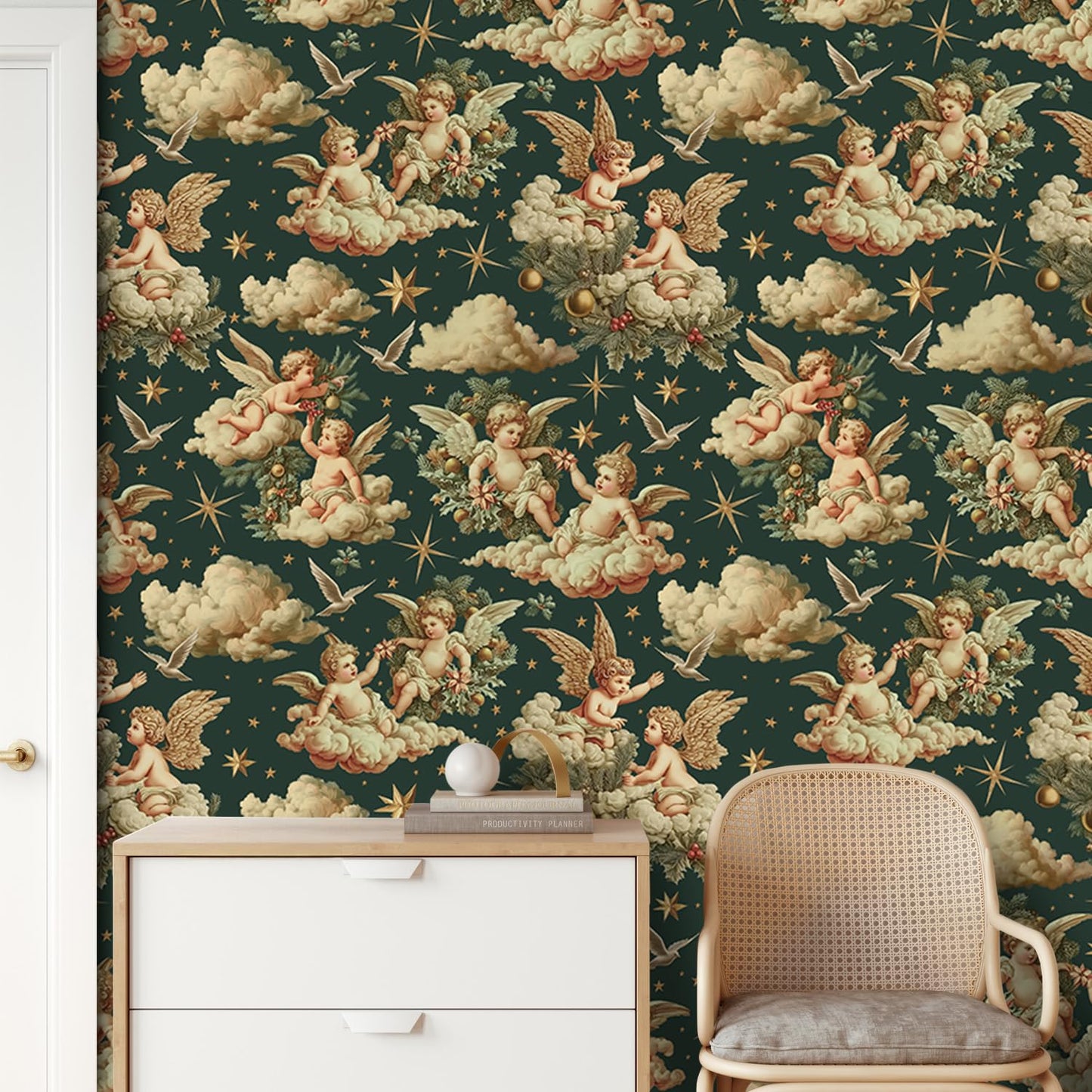 LHIUEM Lovely Cupids Peel and Stick Wallpaper Cupid Baby Angel Wings Vintage Wallpaper(17.3”X118”) White Angel Removable Gift Wrapping Paper Valentine's Day Accessory Kit for Bedroom Renter