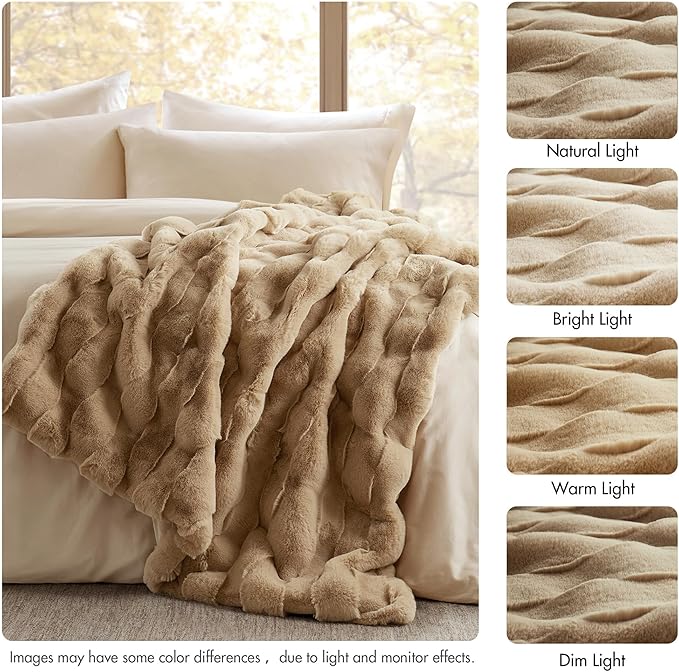 Madison Park Luxuriously Cozy Soft Long Faux Fur Basketweave Blanket, Reversible Soft & Snuggly Velvet Throw, Lightweight, Breathable, All Season, Trendy Room Décor, 50x60, Tan