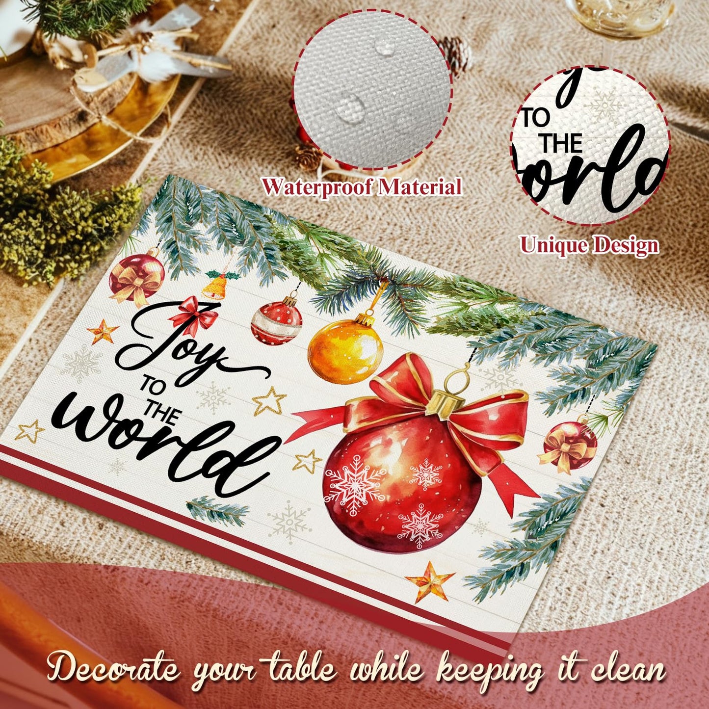 Christmas Baubles Placemats Set of 4 Winter Gifts for Christmas Women Rustic Holiday Placemats Decor for Xmas Party Outdoor Home Kitchen Dining Recyclable Table Mats 12x18 inch - DH724