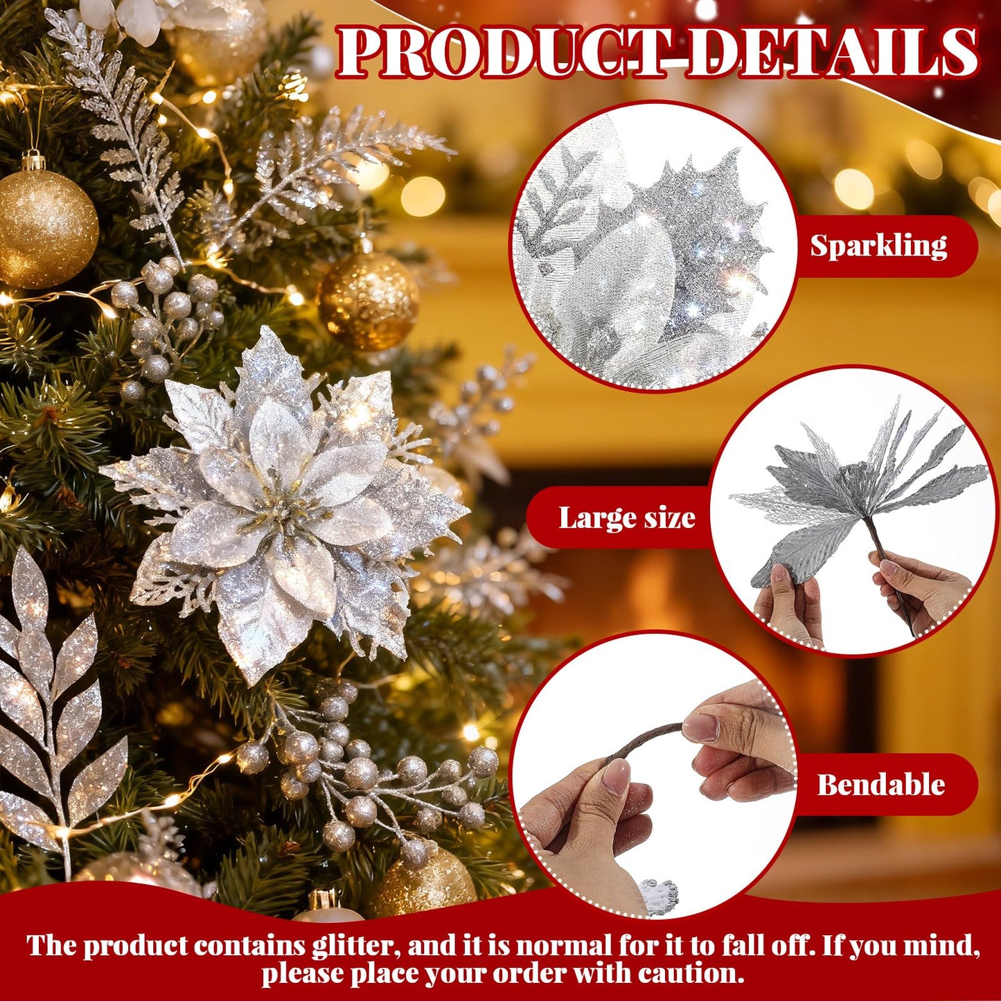 Yerliker 108 Pcs Sliver Glitter Christmas Picks and Sprays, 12 Styles Artificial Christmas Floral Berry Branches Flowers Stems for Xmas Tree Ornaments Wreath Garland DIY Vase Holiday Party Decor