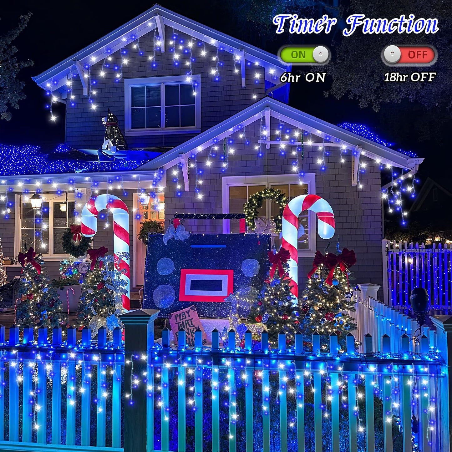 QITONG Blue and White Icicle Lights for Outside, 33ft 400 LED String Light Indoor Plug in, 8 Modes Connectable Icicle Christmas Light Clear Wire
