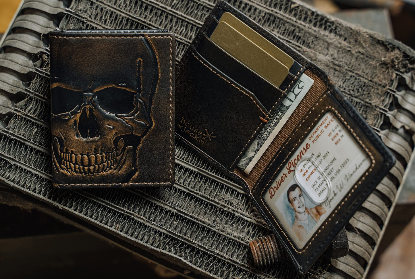 House of Jack Co. Skull Men's Slim Card Wallet, Minimalist Front Pocket Bifold Card Holder, Full Grain Leather, 6 Card Slots with ID Window, Embossed Skull, Gift for Men, Black