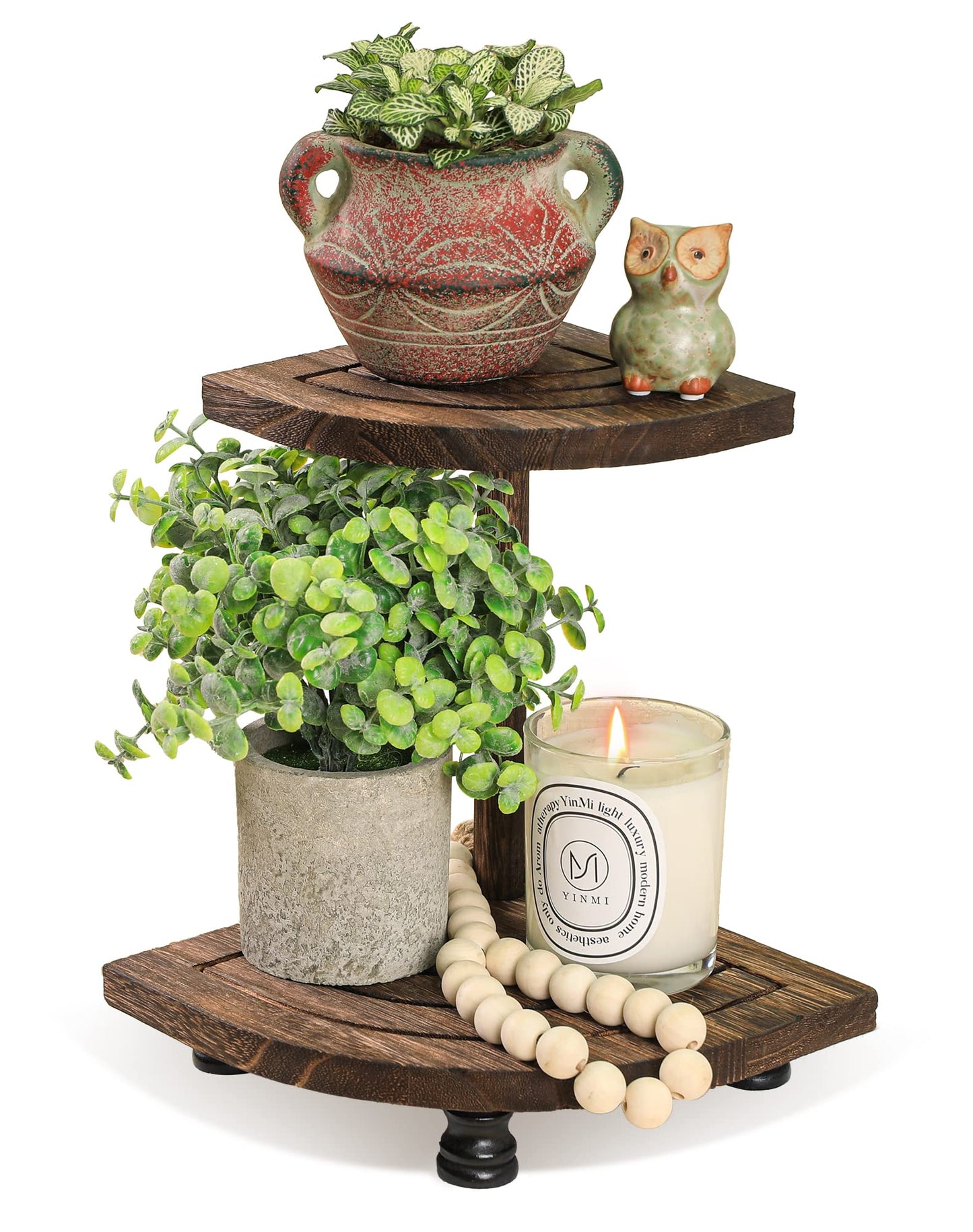 Tikea Decorative Wood Riser for Display, 2-Tier Rustic Corner Shelf for Kitchen Bathroom Counter Decor, Farmhouse Riser for Soap Dispenser and Plant (Brown)