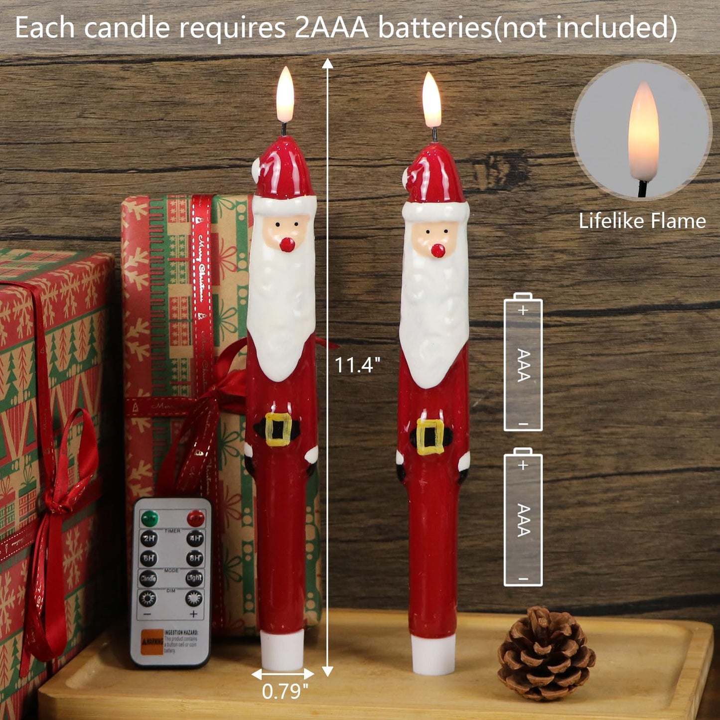 Lasumora Christmas Flameless Taper Candles with 6H Timer, 2 Pcs Hand-Painted Santa Claus Sculpture Shape LED Candlesticks with 3D Flickering Flame for Home Décor Christmas Gifts