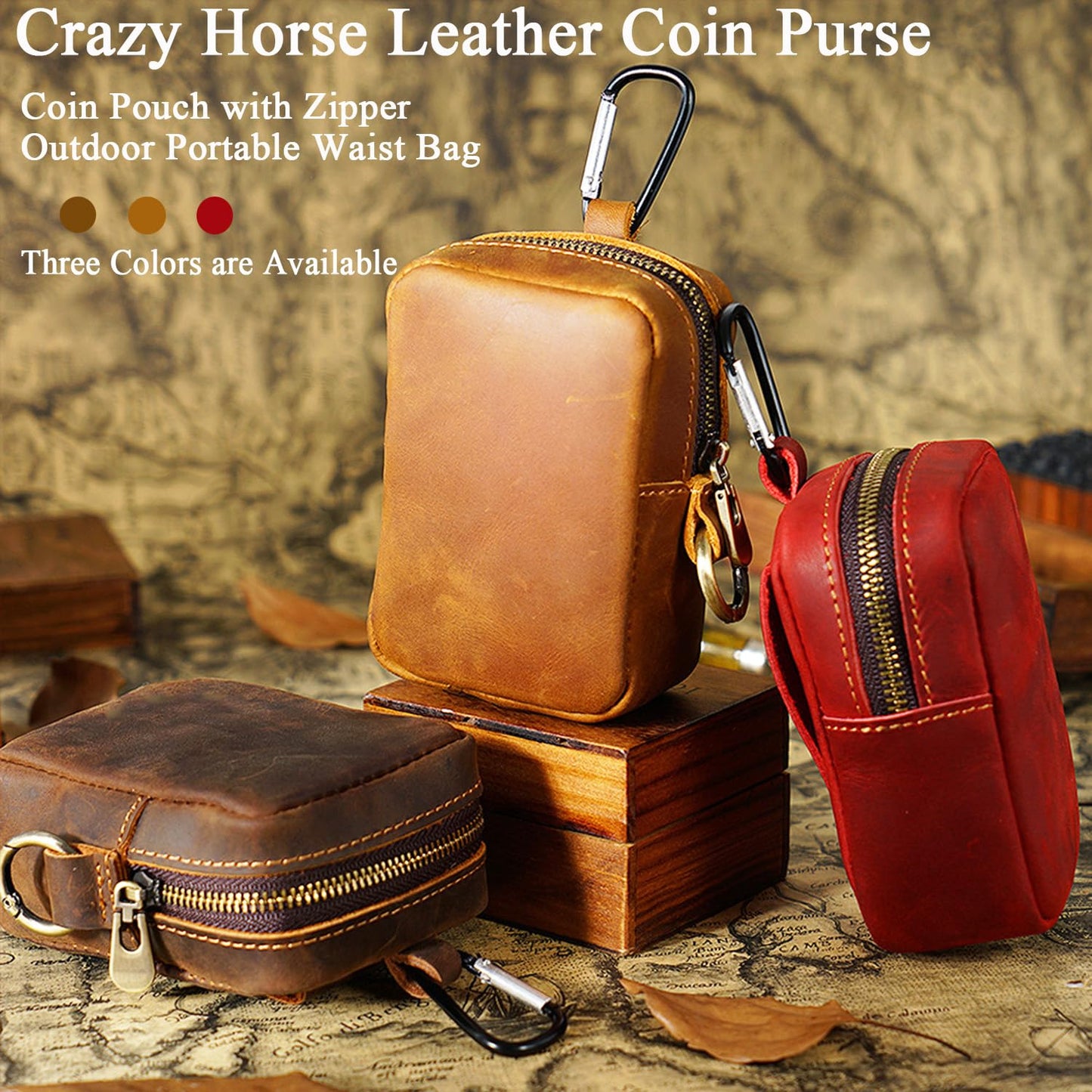 RRBMMH Crazy Horse Leather Coin Purse Retro Zipper Wallet Genuine Leather Coin Pouch for Men Small Leather Change Purse with Key Ring for Travel