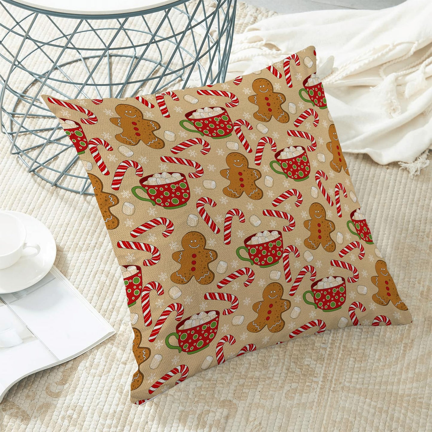 Christmas Pillow Covers 18 x 18 Inch Set of 2 Winter Brown Gingerbread Man Throw Pillows Outdoor Decorative Marshmallow Candy Xmas Pillowcases Linen Cushion Cases for Farmhouse Home Bed Sofa Couch