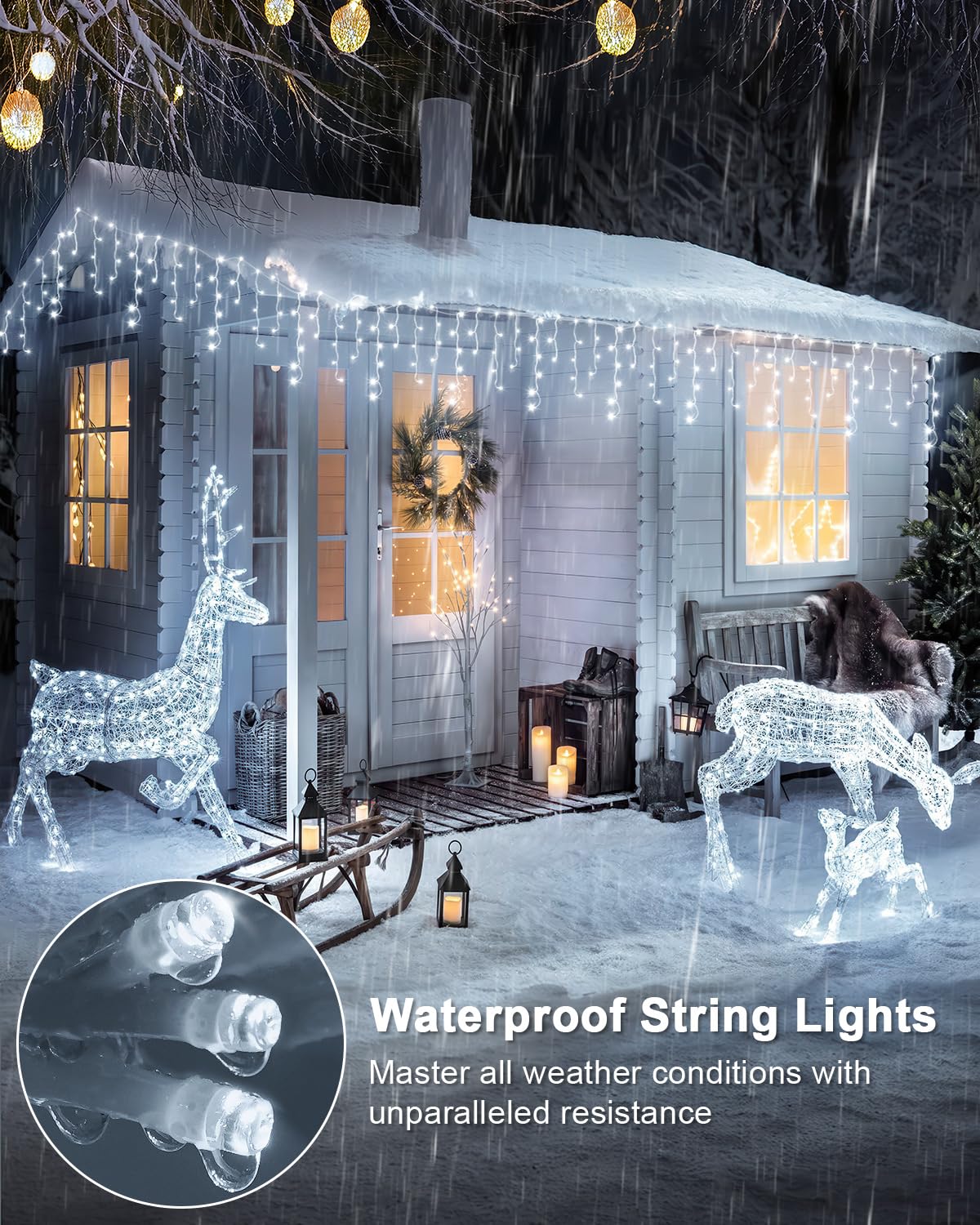 Christmas Lights Outdoor, 53 FT 486 LED Christmas Light for Outside, Timer & Memory, Plug in 8 Modes Hanging Fairy Light with 108 Drops for House Eaves Yard Patio Holidays Decorations, Cool White