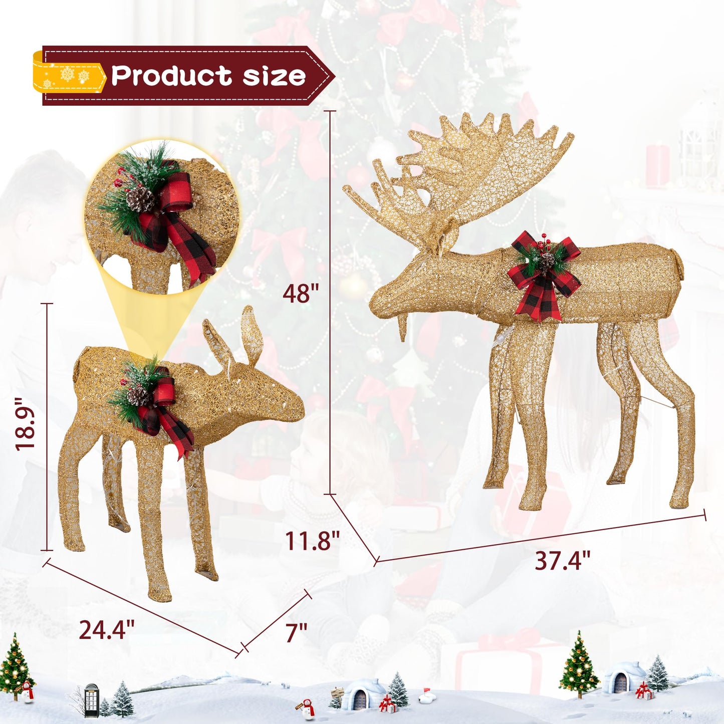 Shintenchi 2 pcs Lighted Christmas Deer Family, Outdoor Yard Decoration with 170 LED Lights, Zips, Tiers Pre-lit Glittered Standing Ornaments for Home Holiday Decor