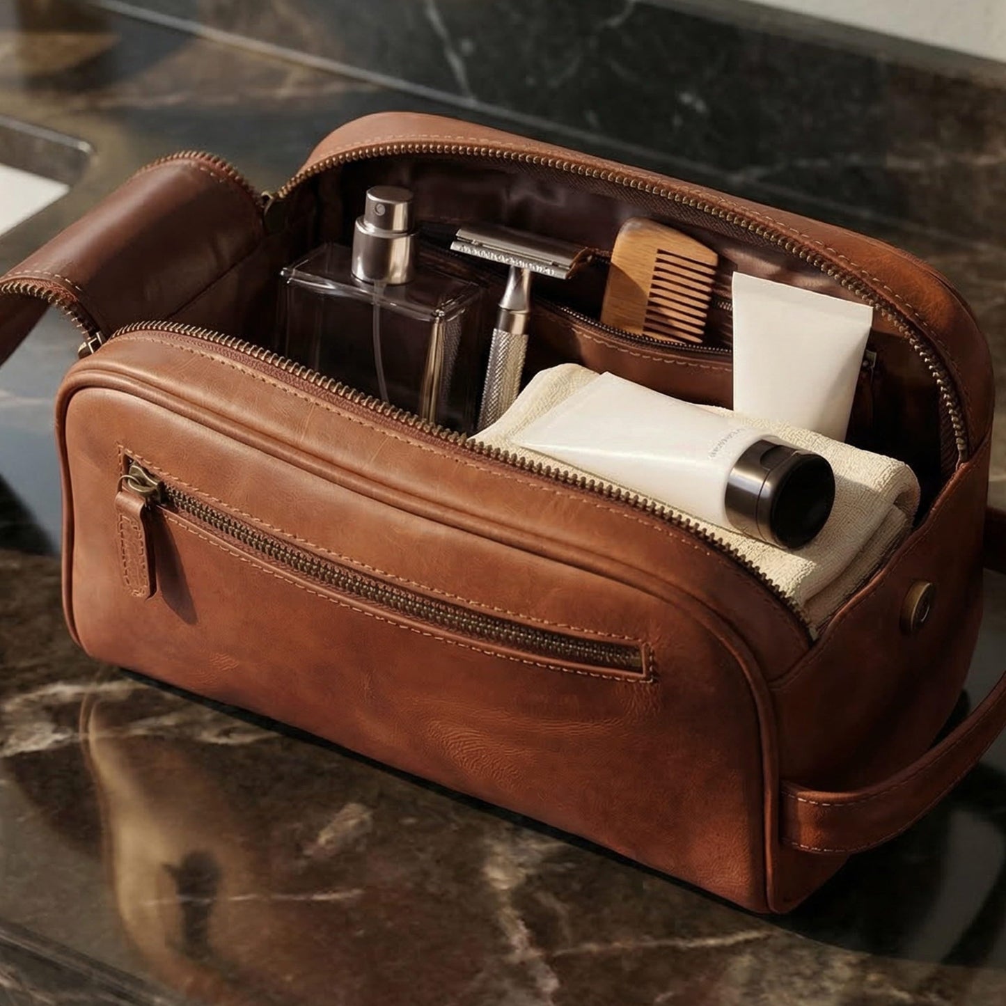 Leather Toiletry Travel Bag with Waterproof Lining, Large Capacity Vintage Dopp Kit, Shaving & Cosmetic Organizer for Men & Women - Tan