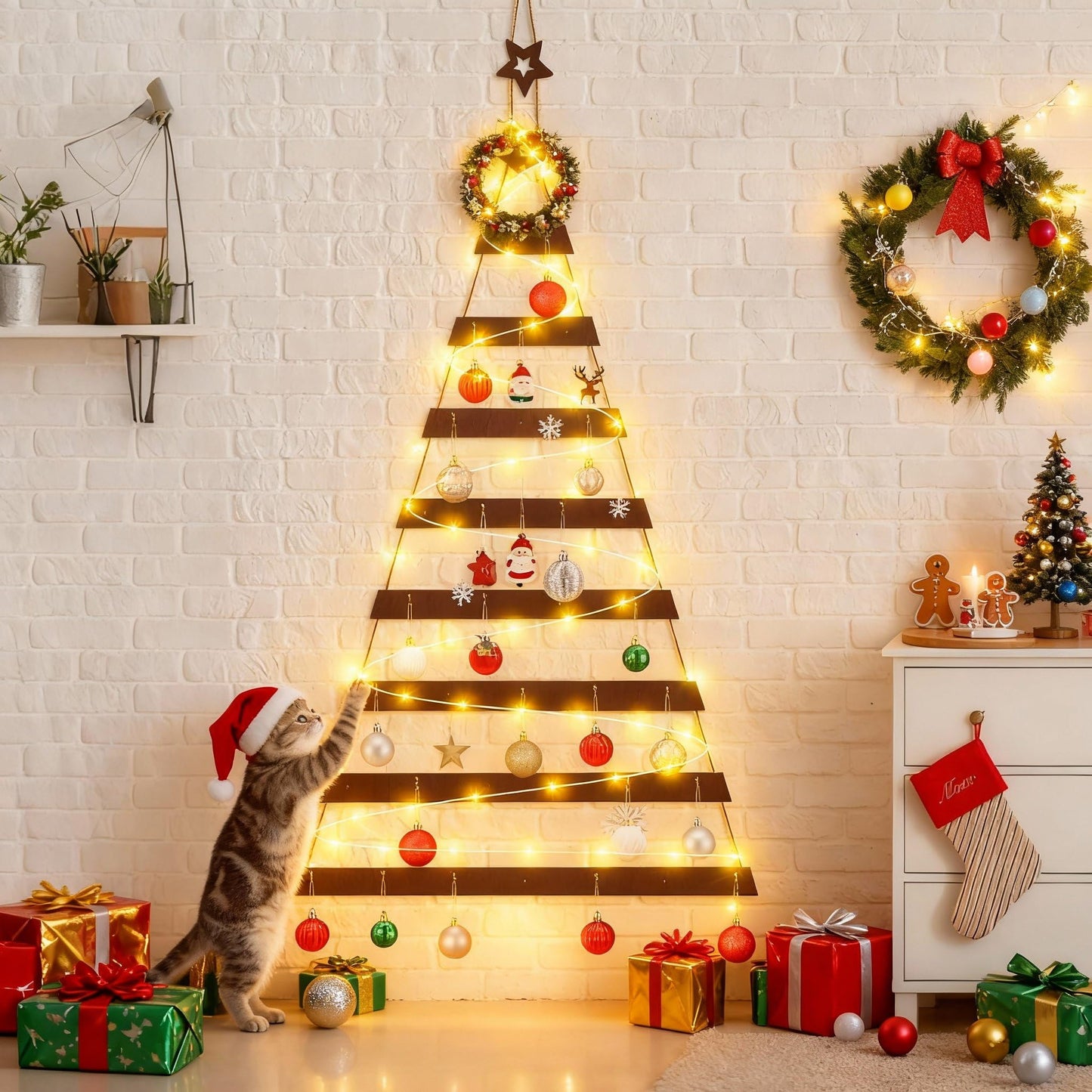 Vercraft Cat Proof Wall Christmas Tree with Light Hanging Mounted Wood Christmas Trees Wall Hanging Xmas Decor with Hooks Wooden Flat for Xmas Holiday Decoration Cat Home Indoor Office Party Supply
