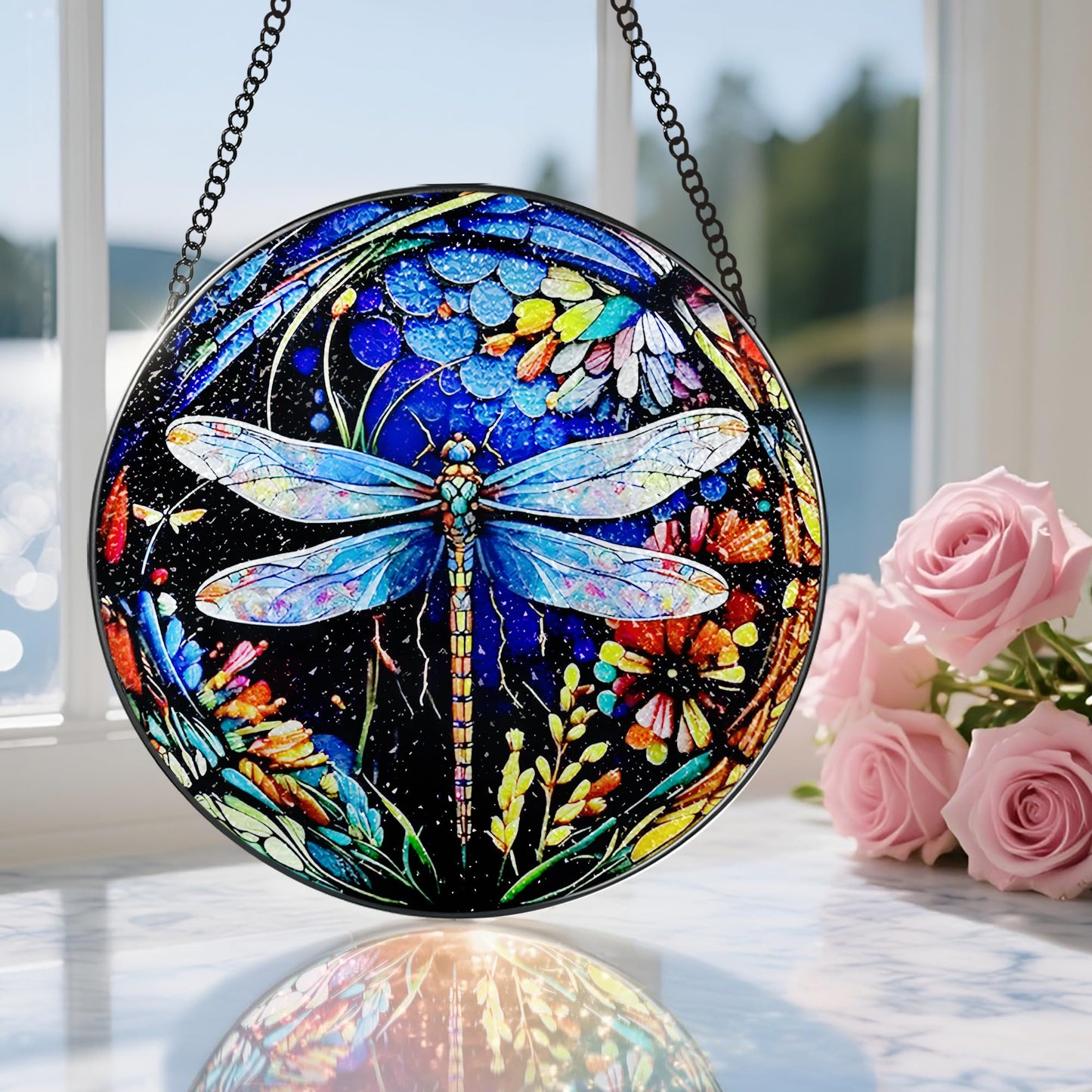 8 Inch Stained Glass Suncatcher Ornament, DOUHASU Dragonfly Sun Catchers Indoor Window, Stained Glass Window Hanging, Home Decor, Dragonfly Lovers Gifts for Women, Mom, Grandma, Friend