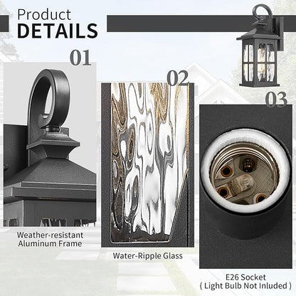 Darkaway Outdoor Light Fixtures Wall Mount, Outside Wall Lights Exterior Lighting Fixture with Water Ripple Glass Outdoor Wall Sconce for House Porch Hallway Garage Front Door