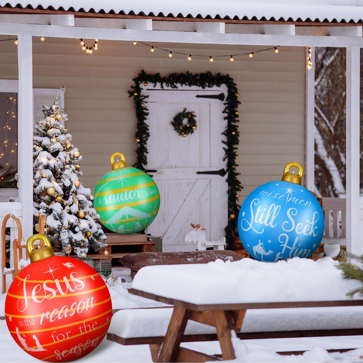Jetec 3 Pcs 32 Inch Giant PVC Inflatable Christmas Ball Inflatable Decorated Ball Large Xmas Inflatables Ornaments Decorations for Xmas Holiday Outdoor Blow up Yard(Red, Green, Blue,Nativity Scene)