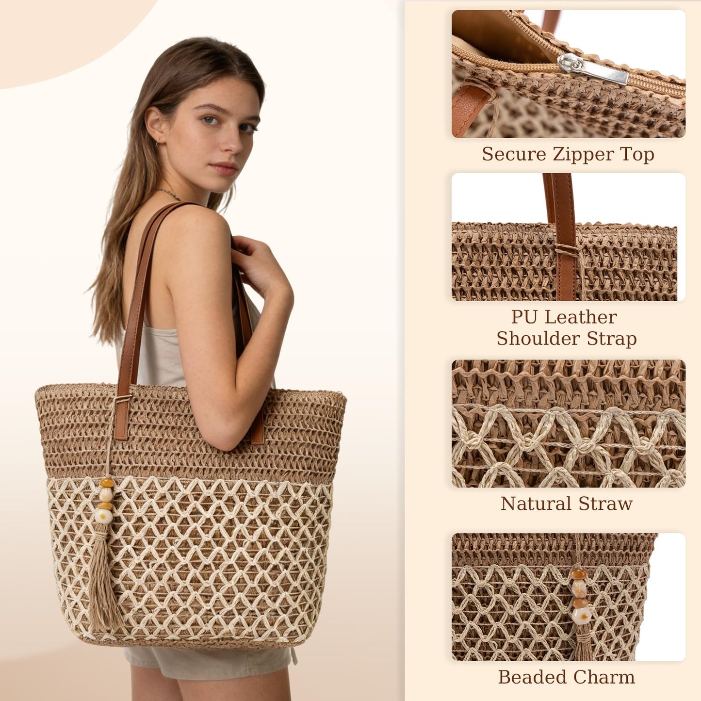 iSamzan Straw Tote Bag for Women: Handwoven Beach Purse with Cutout Design for Travel & Pool Day
