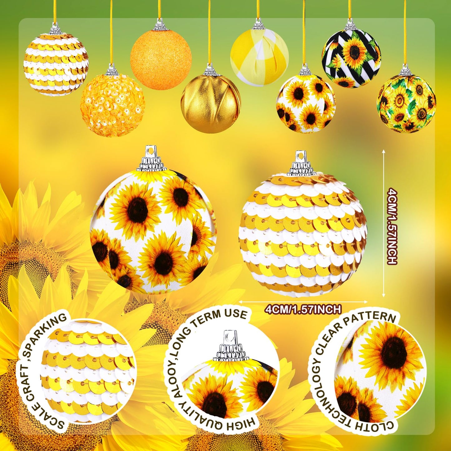 Zeyune 16 Pcs Summer Tree Ornaments Christmas in July Sunflower Hanging Decorations for Small Tree, Yellow Hanging Sequin Ball Ornaments with Ropes, Beach Luau Hawaiian Holiday Party Supplies(Fresh)