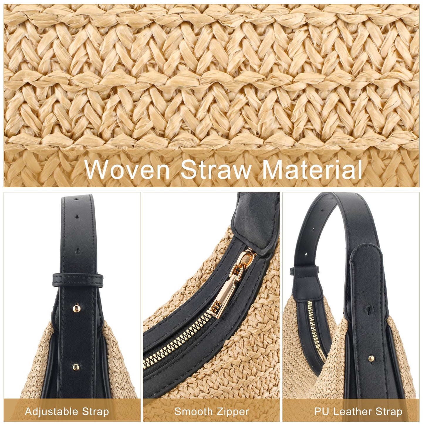jessie Straw Shoulder Bag for Women Small Hobo Handbag Woven Crossbody Bag with Adjustable Strap Cute Clutch Purse